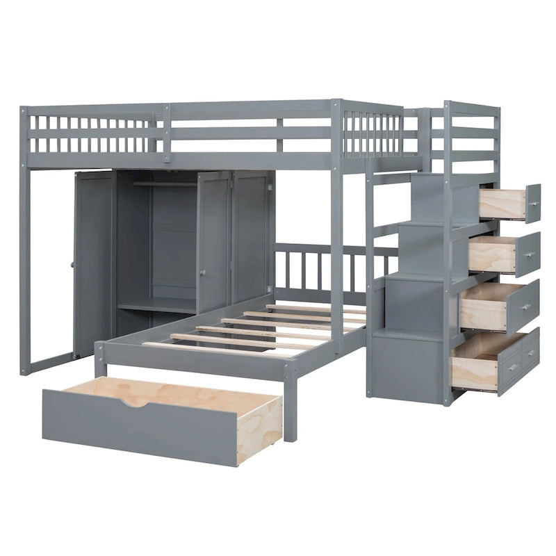 Lit superposé double / simple gris/blanc avec armoire et escalier de rangement, 2 personnes