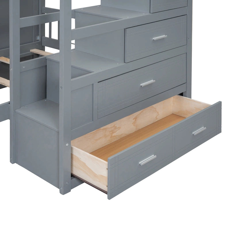Lit superposé double / simple gris/blanc avec armoire et escalier de rangement, 2 personnes
