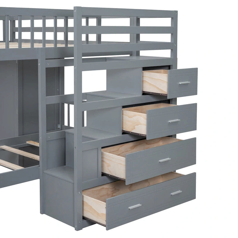 Lit superposé double / simple gris/blanc avec armoire et escalier de rangement, 2 personnes