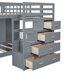 Lit superposé double / simple gris/blanc avec armoire et escalier de rangement, 2 personnes