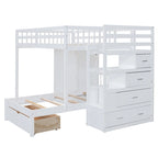 Lit superposé double / simple gris/blanc avec armoire et escalier de rangement, 2 personnes