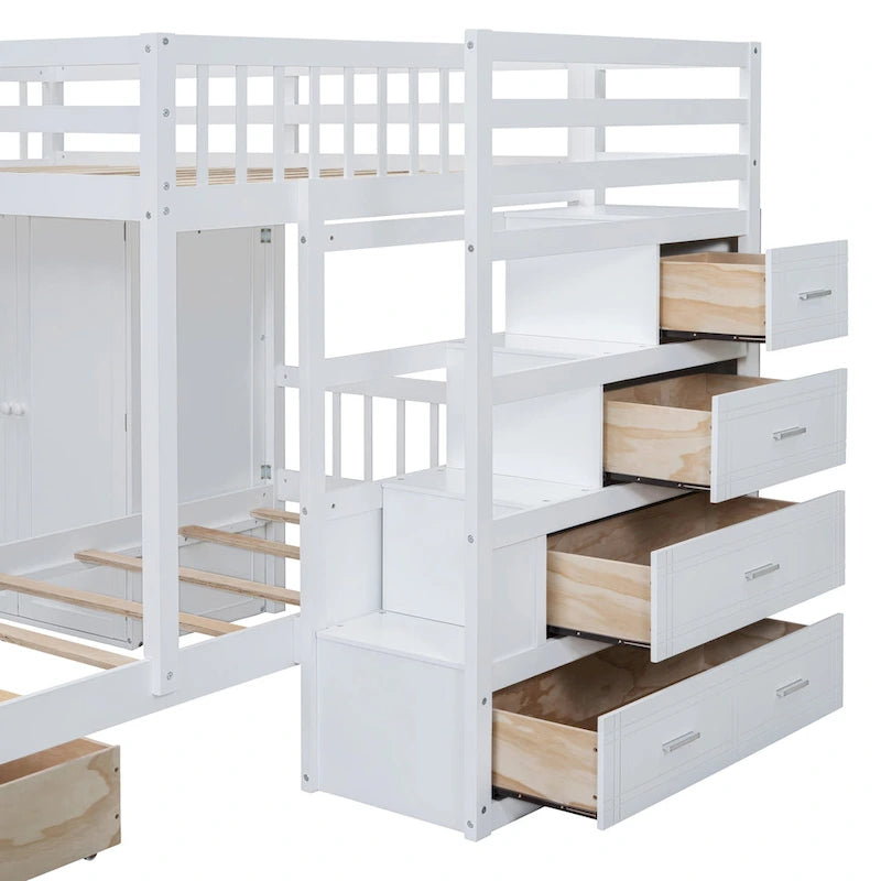 Lit superposé double / simple gris/blanc avec armoire et escalier de rangement, 2 personnes