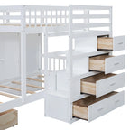 Lit superposé double / simple gris/blanc avec armoire et escalier de rangement, 2 personnes