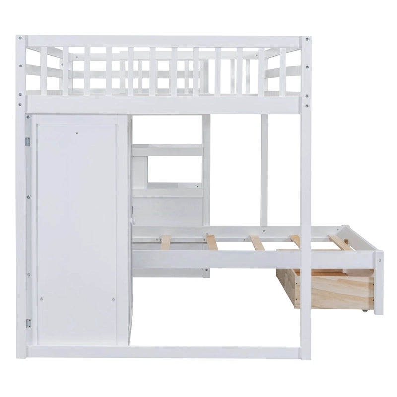 Lit superposé double / simple gris/blanc avec armoire et escalier de rangement, 2 personnes