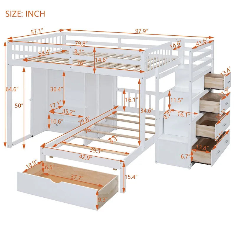 Lit superposé double / simple gris/blanc avec armoire et escalier de rangement, 2 personnes