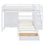 Lit superposé double / simple gris/blanc avec armoire et escalier de rangement, 2 personnes