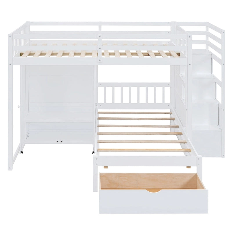 Lit superposé double / simple gris/blanc avec armoire et escalier de rangement, 2 personnes