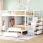Lit superposé double / simple gris/blanc avec armoire et escalier de rangement, 2 personnes