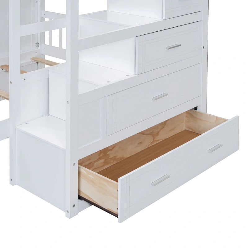 Lit superposé double / simple gris/blanc avec armoire et escalier de rangement, 2 personnes