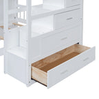Lit superposé double / simple gris/blanc avec armoire et escalier de rangement, 2 personnes