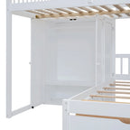 Lit superposé double / simple gris/blanc avec armoire et escalier de rangement, 2 personnes