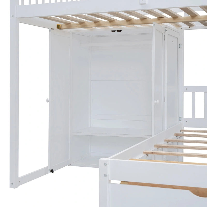 Lit superposé double / simple gris/blanc avec armoire et escalier de rangement, 2 personnes