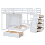 Lit superposé double / simple gris/blanc avec armoire et escalier de rangement, 2 personnes