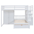 Lit superposé double / simple gris/blanc avec armoire et escalier de rangement, 2 personnes