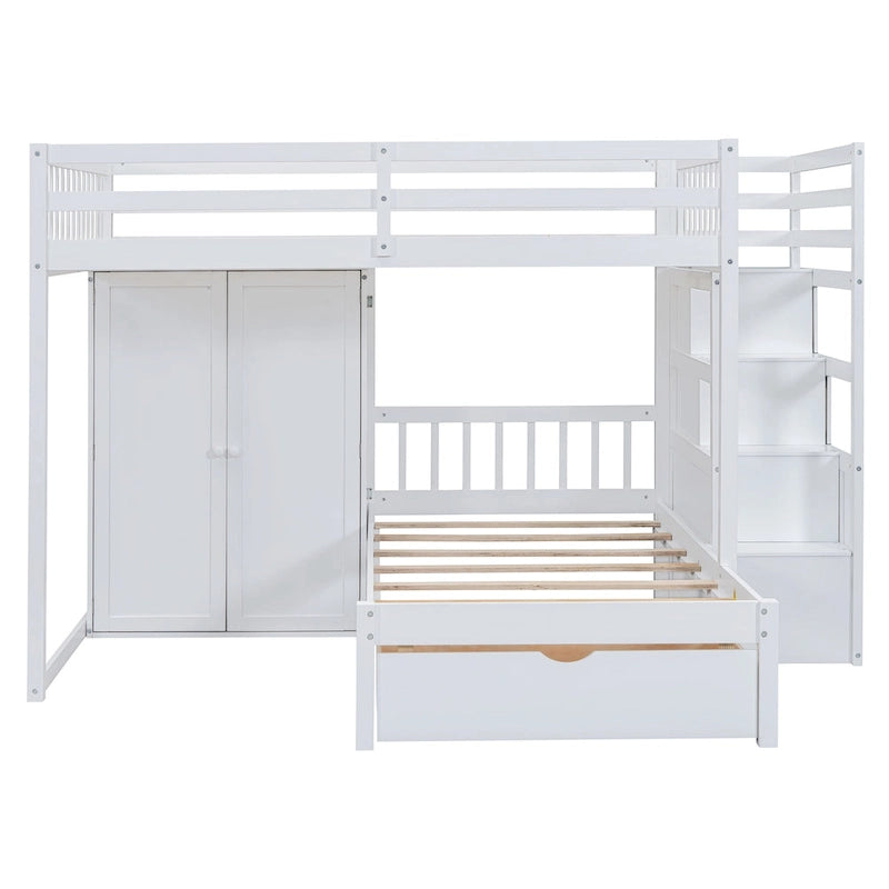 Lit superposé double / simple gris/blanc avec armoire et escalier de rangement, 2 personnes