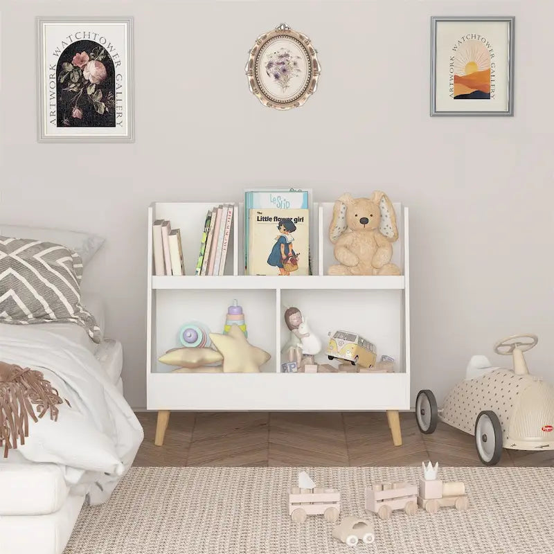 Étagère à livres blanche pour enfants avec organiseur de jouets, étagère de rangement à 5 casiers pour 1 enfant