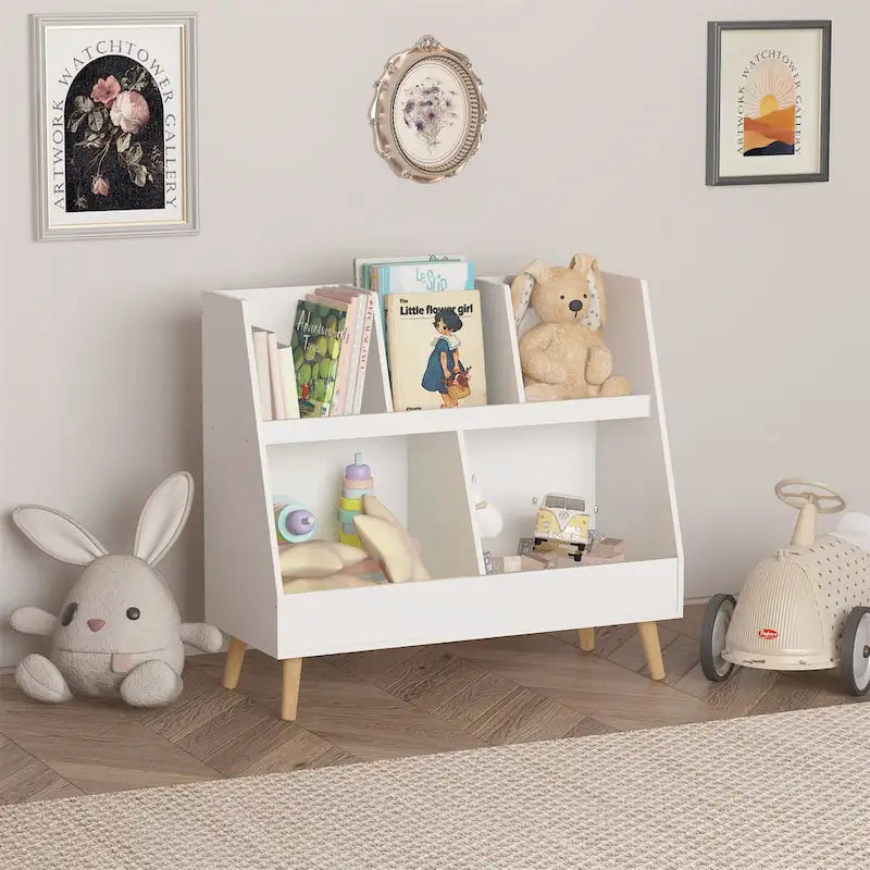Étagère à livres blanche pour enfants avec organiseur de jouets, étagère de rangement à 5 casiers pour 1 enfant
