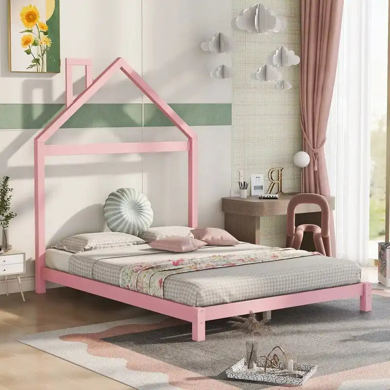 Lit plateforme en bois rose/vert en forme de maison, taille double, pour 1 enfant