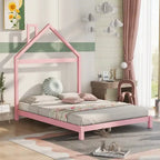 Full Size Wood Platform Bed with House-shaped Headboard, for Kids