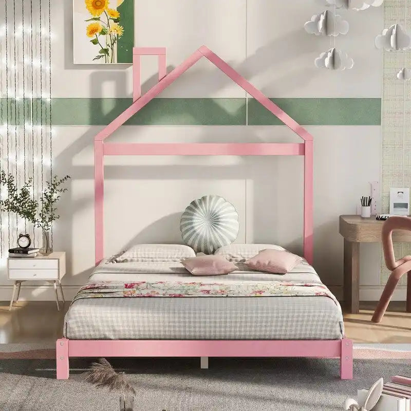 Lit plateforme en bois rose/vert en forme de maison, taille double, pour 1 enfant