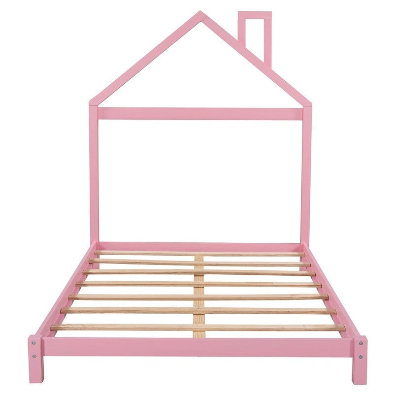 Lit plateforme en bois rose/vert en forme de maison, taille double, pour 1 enfant