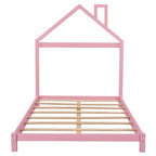 Lit plateforme en bois rose/vert en forme de maison, taille double, pour 1 enfant