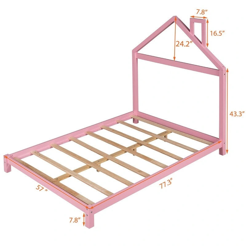 Lit plateforme en bois rose/vert en forme de maison, taille double, pour 1 enfant