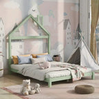 Lit plateforme en bois rose/vert en forme de maison, taille double, pour 1 enfant