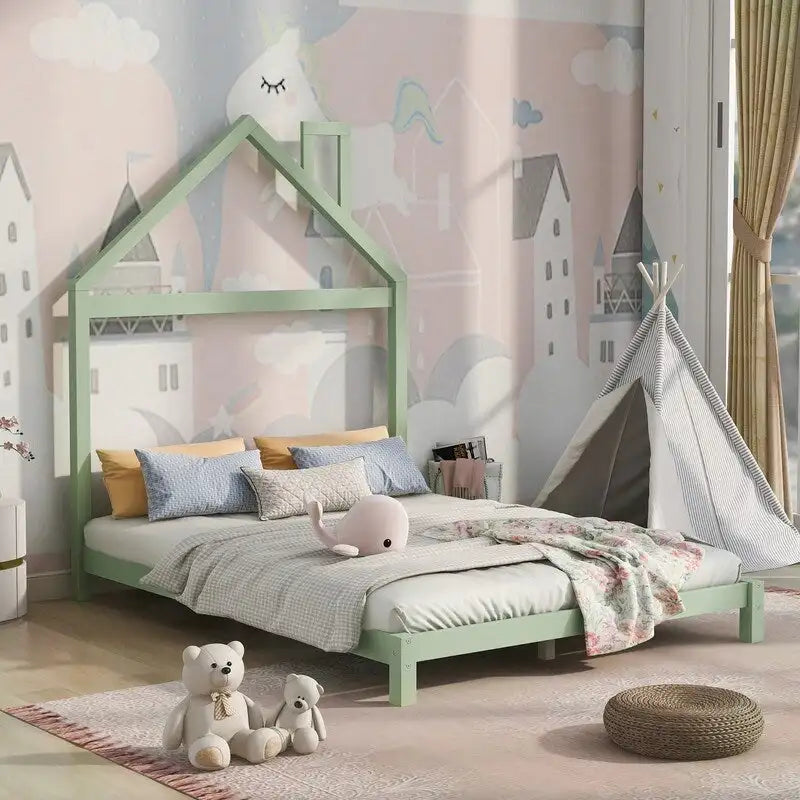 Lit plateforme en bois rose/vert en forme de maison, taille double, pour 1 enfant