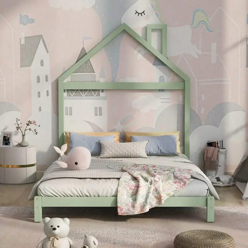 Lit plateforme en bois rose/vert en forme de maison, taille double, pour 1 enfant