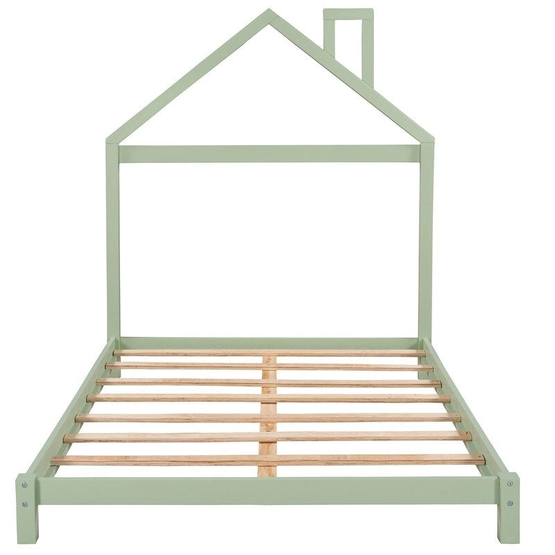 Lit plateforme en bois rose/vert en forme de maison, taille double, pour 1 enfant