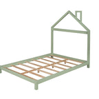 Lit plateforme en bois rose/vert en forme de maison, taille double, pour 1 enfant