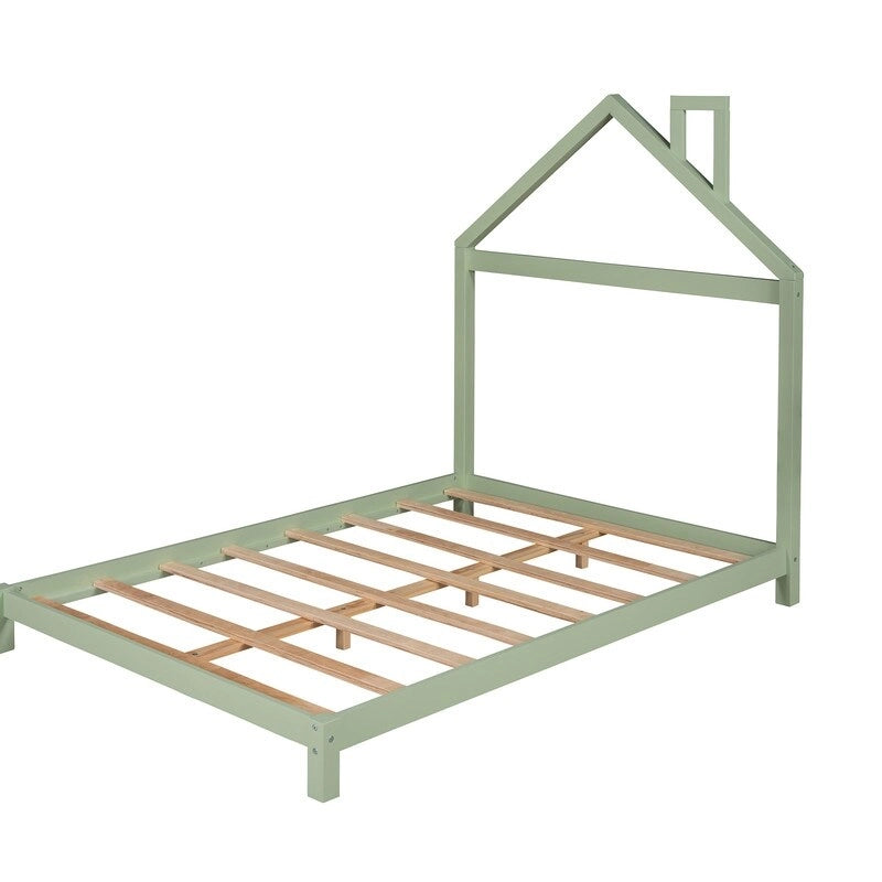Lit plateforme en bois rose/vert en forme de maison, taille double, pour 1 enfant