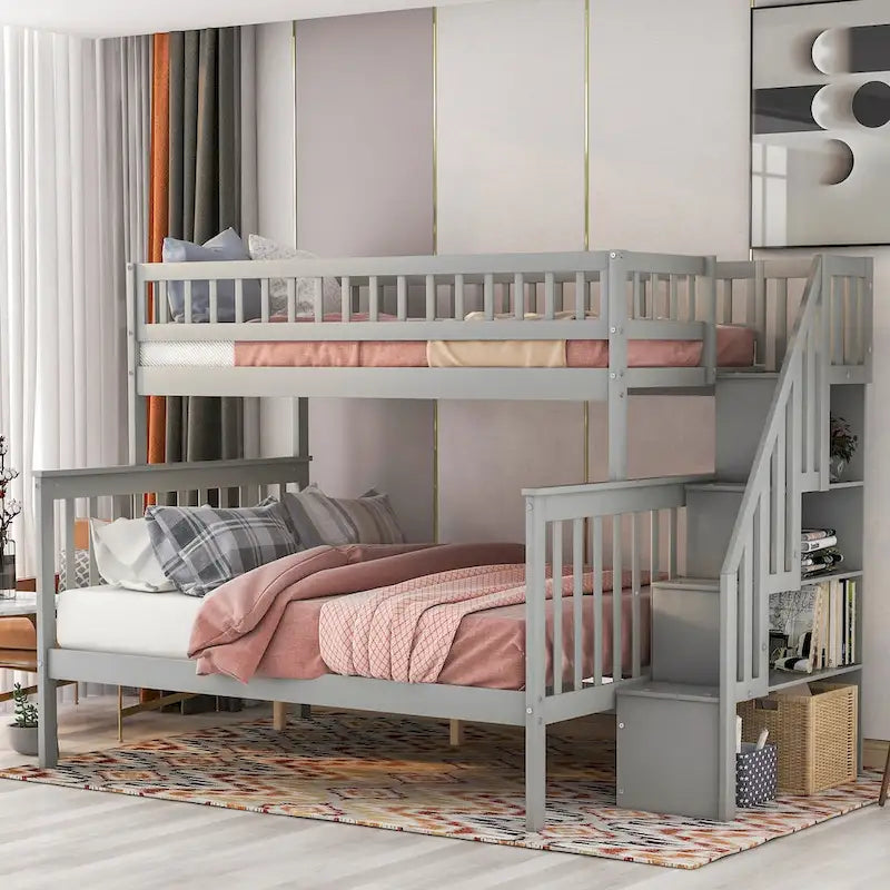 Gray Twin Over Full Solid Wood Bunk Bed with Storage Staircase, Convertible to Two Beds