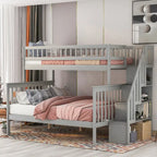 Gray Twin Over Full Solid Wood Bunk Bed with Storage Staircase, Convertible to Two Beds