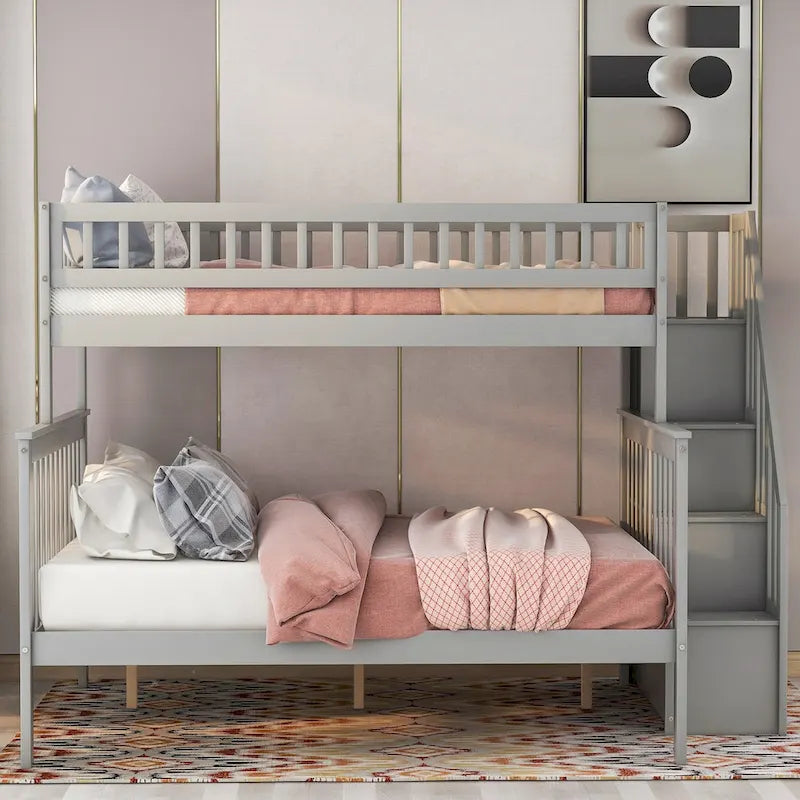 Lit superposé gris double/complet avec escalier de rangement, convertible en 2 lits