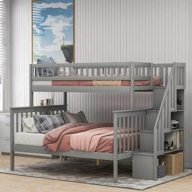 Lit superposé gris double/complet avec escalier de rangement, convertible en 2 lits