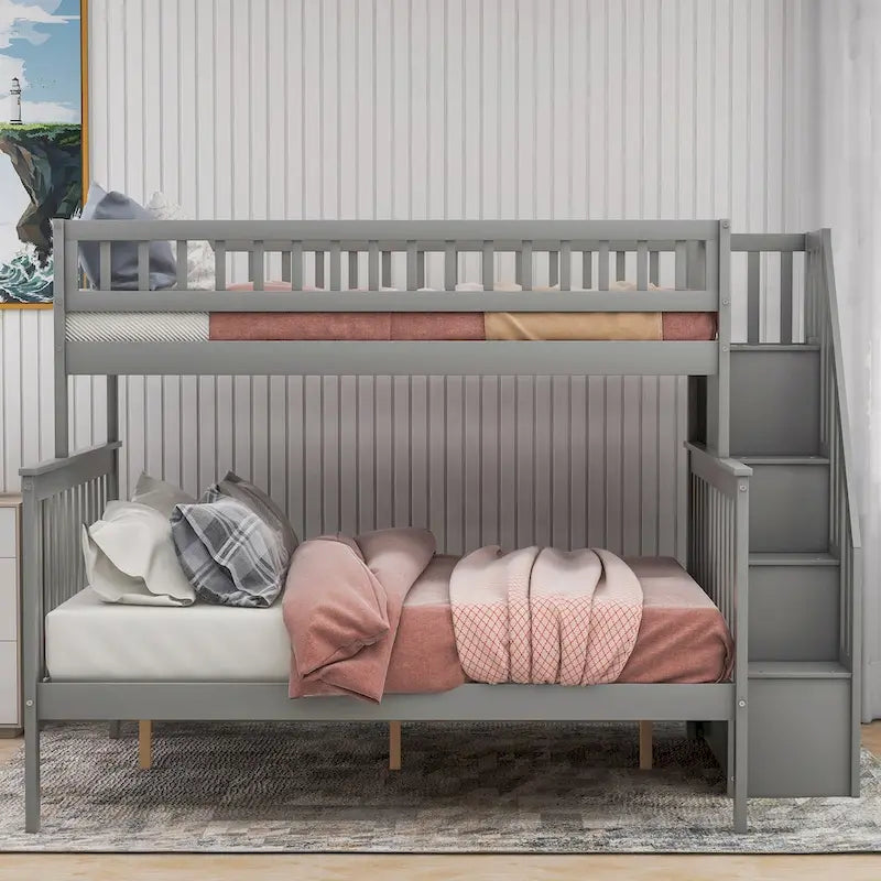 Lit superposé gris double/complet avec escalier de rangement, convertible en 2 lits