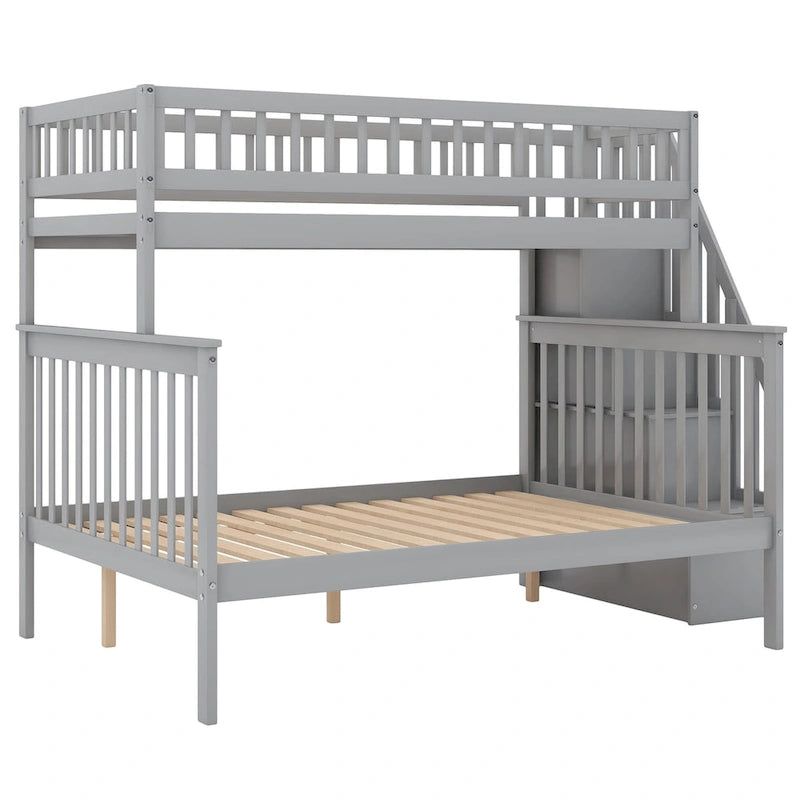 Lit superposé gris double/complet avec escalier de rangement, convertible en 2 lits