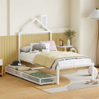 Twin Size Metal Platform Bed with 2 Drawers,House-Shaped Headboard Design,Space Saving Non-Noise Bedroom Low Bed Frame