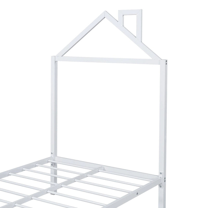 Lit jumeau plate-forme en métal noir/rose/blanc avec 2 tiroirs de rangement, tête de lit en forme de maison, simple