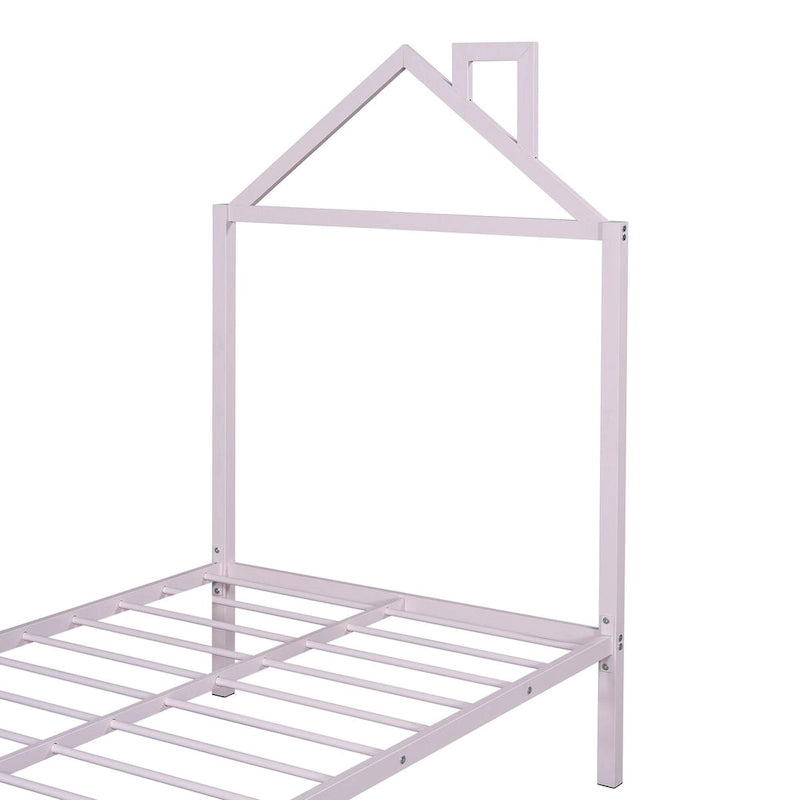 Lit jumeau plate-forme en métal noir/rose/blanc avec 2 tiroirs de rangement, tête de lit en forme de maison, simple