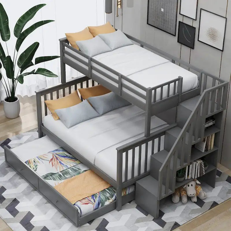 Lit superposé double/grand Espresso/Gris/Blanc avec escalier, lit gigogne et rangement, 3 couchages