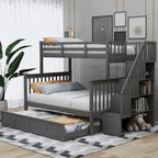 Lit superposé double/grand Espresso/Gris/Blanc avec escalier, lit gigogne et rangement, 3 couchages