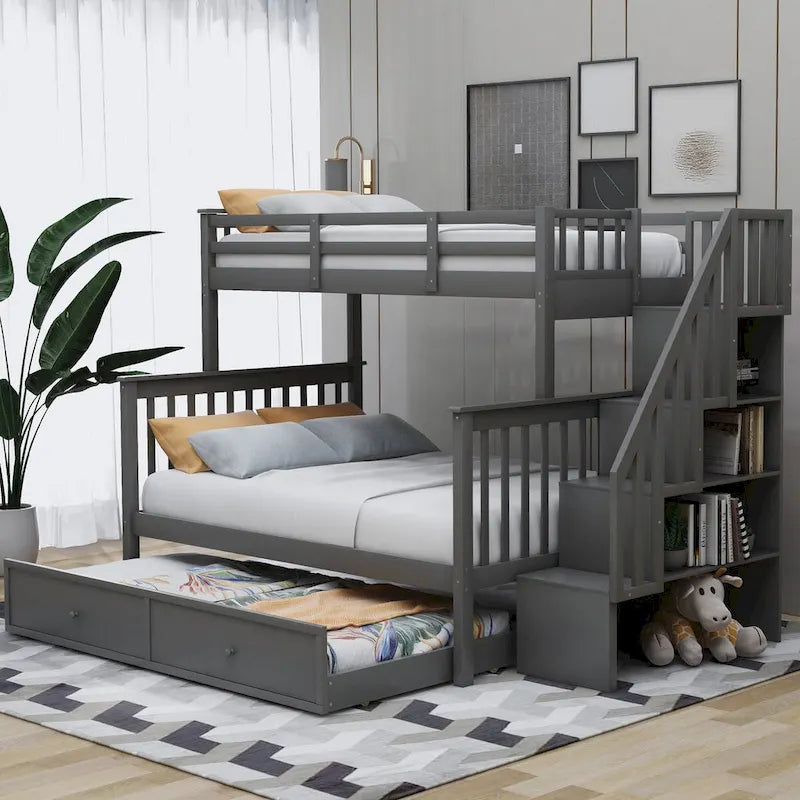 Lit superposé double/grand Espresso/Gris/Blanc avec escalier, lit gigogne et rangement, 3 couchages