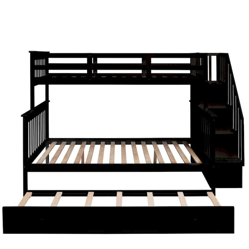 Lit superposé double/grand Espresso/Gris/Blanc avec escalier, lit gigogne et rangement, 3 couchages