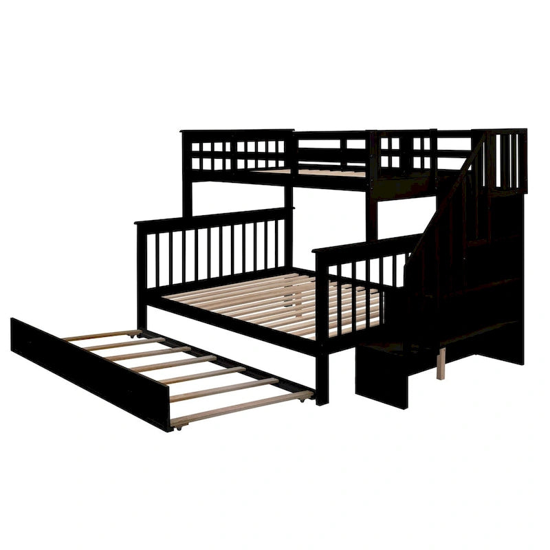 Lit superposé double/grand Espresso/Gris/Blanc avec escalier, lit gigogne et rangement, 3 couchages