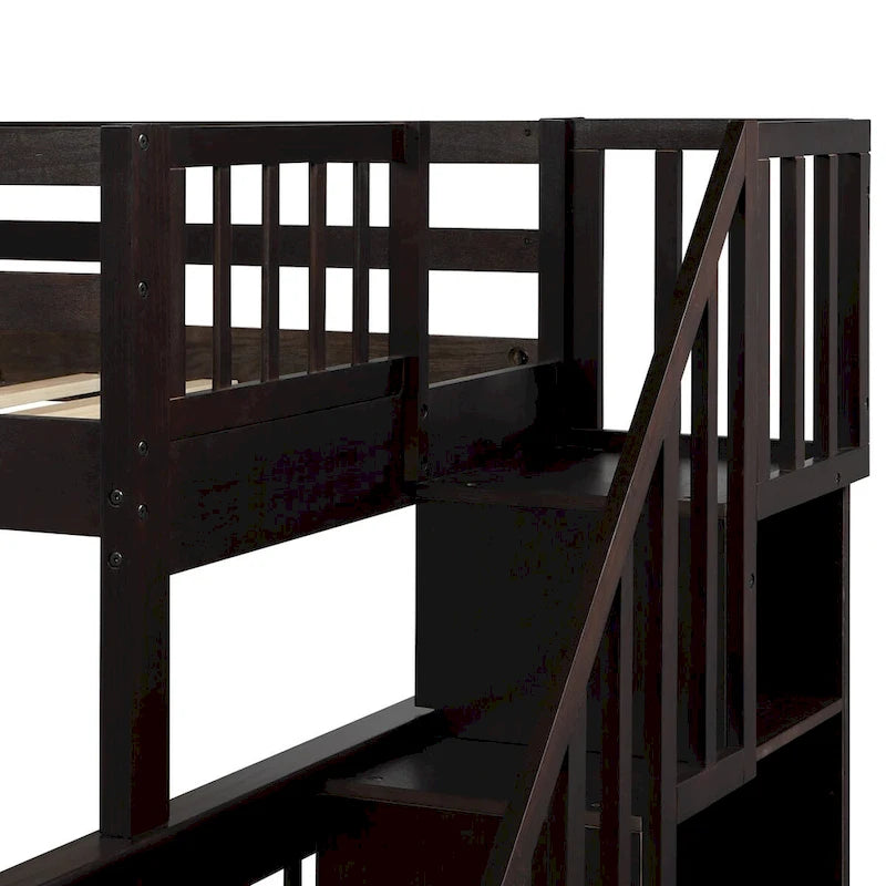 Lit superposé double/grand Espresso/Gris/Blanc avec escalier, lit gigogne et rangement, 3 couchages