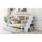 Lit superposé double/grand Espresso/Gris/Blanc avec escalier, lit gigogne et rangement, 3 couchages