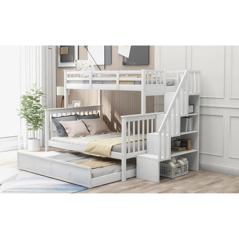 Lit superposé double/grand Espresso/Gris/Blanc avec escalier, lit gigogne et rangement, 3 couchages